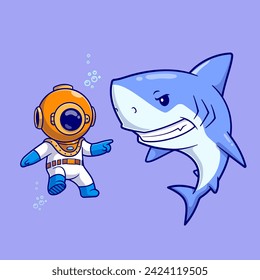 Cute Diver Swimming With Shark Cartoon Vector Icon
Illustration. Science Animal Icon Concept Isolated Premium
Vector. Flat Cartoon Style
