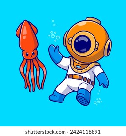 Cute Diver Swimming With Squid Cartoon Vector Icon
Illustration. Science Animal Icon Concept Isolated Premium
Vector. Flat Cartoon Style
