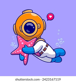 Cute Diver Swimming With Starfish Cartoon Vector Icon
Illustration. Science Animal Icon Concept Isolated Premium
Vector. Flat Cartoon Style
