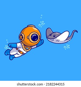 Cute Diver Schwimmen mit Stingray Fish Cartoon Vektorgrafik Illustration. Science Animal Icon Konzept isolierter Premium-Vektorgrafik. Flachbildkartonstil