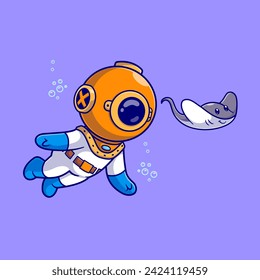 Cute Diver Swimming With Stingray Fish Cartoon Vector Icon
Illustration. Science Animal Icon Concept Isolated Premium
Vector. Flat Cartoon Style
