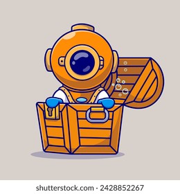 Netter Taucher in Schatzkammer-Cartoon-Vektor-Symbol-Illustration. Science Nature Icon Concept Isolated Premium Vector. Flacher Zeichentrickstil