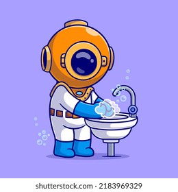 Cute Diver Washing Hands On Wastafel Cartoon Vector Icon Illustration. Science Healthy Icon Concept Isolated Premium Vector. Flat Cartoon Style
