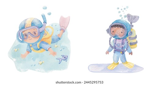 cute diver watercolor vector illustration 