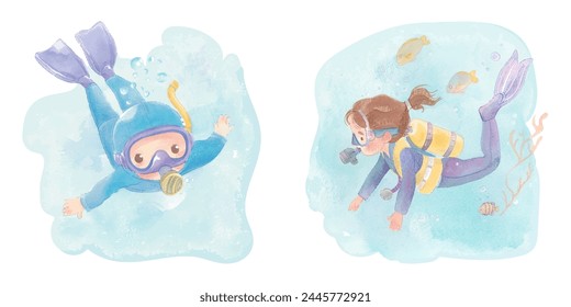 cute diver watercolor vector illustration 