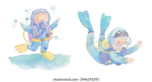 cute diver watercolor vector illustration 