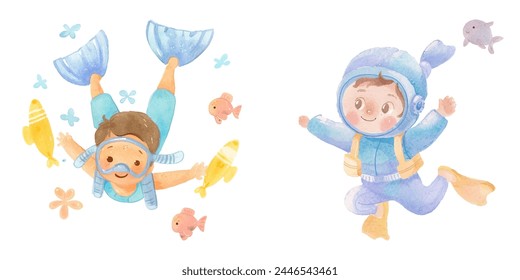 cute diver watercolor vector illustration 