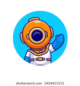 Cute Diver Waving Hand Cartoon Vector Icon Illustration. Science Nature Icon Concept Isolated Premium Vector. Flat Cartoon Style