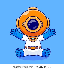 Cute Diver Waving Hand Cartoon Vector Icon Illustration. Science Nature Icon Concept Isolated Premium Vector. Flat Cartoon Style