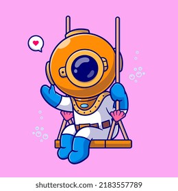 Cute Diver Waving Hand And Swing On Ocean Cartoon Vector Icon Illustration. Science Nature Icon Concept Isolated Premium Vector. Flat Cartoon Style