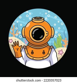Cute diver waving hands illustration premium vector  The Concept of Isolated Technology. Flat Cartoon Style Suitable for Landing Web Pages, Banners, Flyers, Stickers, Cards