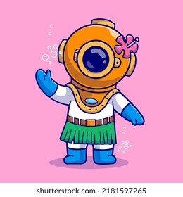 Cute Diver Wearing Hawaii Costume Cartoon Vector Icon Illustration. Science Holiday Icon Concept Isolated Premium Vector. Flat Cartoon Style