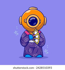 Cute Diver Wearing Kimono Costume With Handheld Fan Cartoon Vector Icon Illustration. Science Fashion Icon Concept Isolated Premium Vector. Flat Cartoon Style