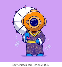 Cute Diver Wearing Kimono Costume With Umbrella Cartoon Vector Icon Illustration. Science Fashion Icon Concept Isolated Premium Vector. Flat Cartoon Style