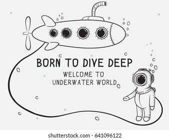 Cute diver welcomes as to underwater world  Character design Vintage childish vector illustration