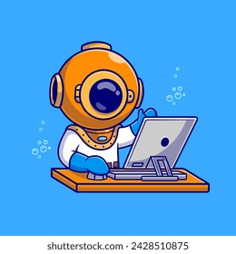 Netter Taucher, der an Computer-Cartoon-Vektor-Symbol-Illustration arbeitet. Science Technology Icon Concept Isolated Premium Vector. Flacher Zeichentrickstil