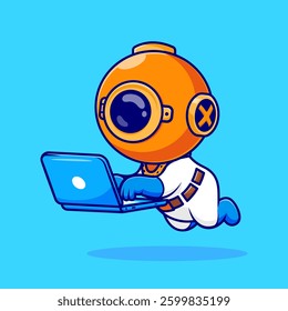 Cute Diver Working On Laptop Cartoon Vector Icon Illustration. Science Technology Icon Concept Isolated Premium Vector. Flat Cartoon Style