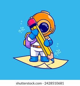 Cute Diver Writing On Paper With Pencil Cartoon Vector Icon Illustration. Science Education Icon Concept Isolated Premium Vector. Flat Cartoon Style