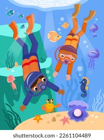 Cute divers with sea creatures underwater. Cartoon illustration. Vector image, scene for games, workbooks, posters. 