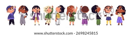 Cute diverse children look up set. Happy and amazed kids are pointing fingers upward. Funny, curious little boys and girls see in the sky. Flat isolated vector illustrations on white background