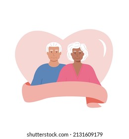 Cute diverse elderly romantic couple in heart with pink ribbon and space for text. Old age mature romantic partners. Flat vector illustration senior characters isolated on white background.