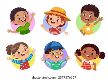 Cute and diverse group of children smiling and waving cheerfully. Vector illustration