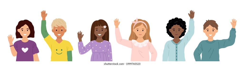 Cute diverse kids or pupils with raised hands isolated on white background flat style vector illustration banner. 