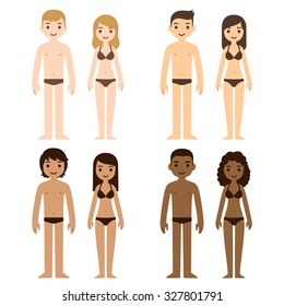 Cute diverse men and women in underwear. Cartoon people of different skin tones, vector illustration.