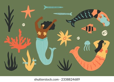 Cute Diverse mermaids from different cultures and nations set, dancing and swimming happily, enjoying life surrounded by underwater plants, flowers, and sea fish. Vector collection.