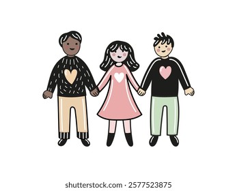 Cute diverse people doodle and flat illustration with heartwarming connection

