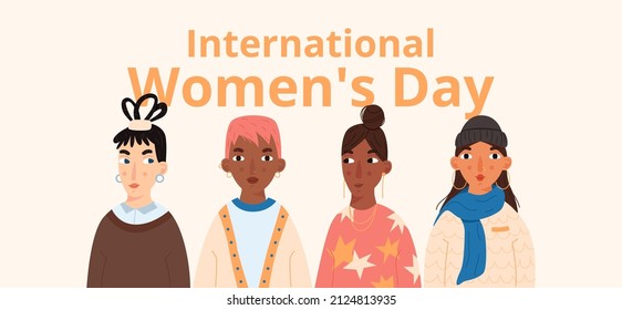 Cute diverse women portraits in modern flat style. Happy International Women's Day banner. Equality, diversity and sisterhood concept. Feminism and girl power. Vector illustration