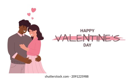 Cute diversity couple holding hands. Happy Valentine's Day. Couple in love. Man and woman embracing hearts. Couple's day. Banner. Isolated on white background.