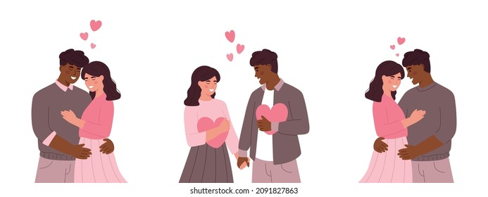 Cute diversity couple holding hands. Happy Valentine's Day. Couple in love. Man and woman embracing each other. Couple's day. Banner. Isolated on white background.