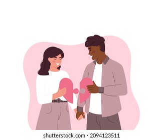 Cute diversity couple holding hands. Happy Valentine's Day. Couple in love. Man and woman holding heart puzzle. Perfect match. Couple's day. Banner. White background. 