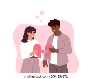 Cute diversity couple holding hands. Happy Valentine's Day. Couple in love. Man and woman holding heart puzzle. Perfect match. Couple's day. Banner. White background. 