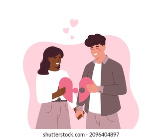 Cute diversity couple holding hands. Happy Valentine's Day. Couple in love. Man and woman holding heart puzzle. Perfect match. Couple's day. Banner. White background. 