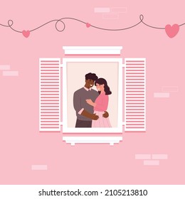 Cute diversity couple hugging at apartment window. Happy Valentine's Day. Couple in love. Man and woman embracing each other. Perfect match. Couple's day. Banner. White background. 