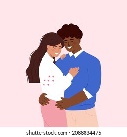 Cute diversity couple hugging. Happy Valentine's Day. Couple in love. Man and woman embracing each other affectionately. Characters for the feast of Saint Valentine. Banner. White background.