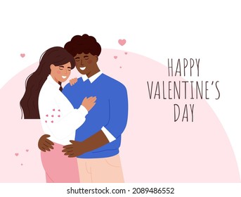 Cute diversity couple hugging. Happy Valentine's Day. Couple in love. Man and woman embracing each other affectionately. Characters for the feast of Saint Valentine. Banner. White background.