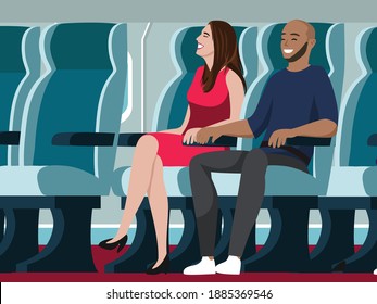 Cute diversity couple traveling on plane flat vector illustration scenario