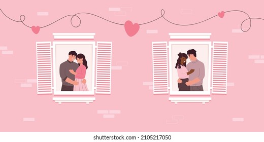 Cute diversity couples hugging near apartment window. Happy Valentine's Day. Couple in love. Man and woman embracing each other. Perfect match. Couple's day. Banner.