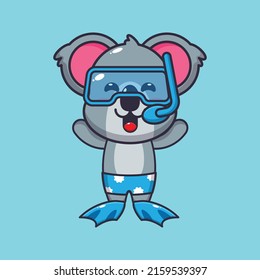 Ilustración del personaje de la mascota de la caricatura Cute diving koala