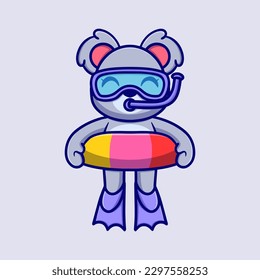 Cute diving koala Cartoon Vector Icon Illustration. Animal Icon Concept Isolated Premium Vector. Flat Cartoon Style