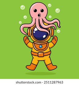 cute diving with octopus on his head. vector illustration. cartoon style.