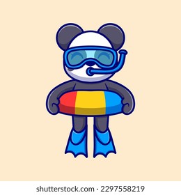 Cute diving panda Cartoon Vector Icon Illustration. Animal Icon Concept Isolated Premium Vector. Flat Cartoon Style