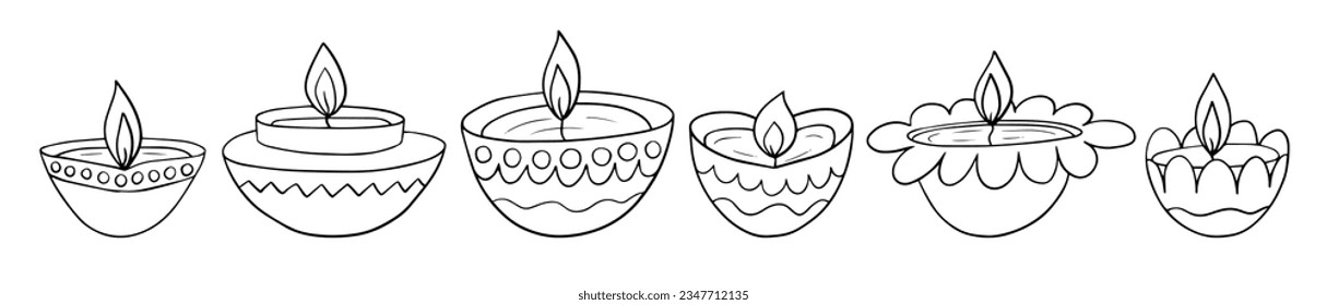 Cute Diwali lamps in flower shapes set. Hand drawn vector Diwali diya sketches set