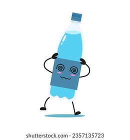 Cute dizzy bottle of water character. Funny confused mineral water cartoon emoticon in flat style. water bottle vector illustration