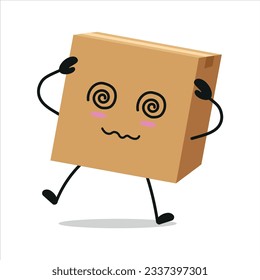 Cute dizzy carton box character. Funny drunk package cartoon emoticon in flat style. cardboard emoji vector illustration