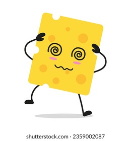 Cute dizzy cheese slice character. Funny confused food cartoon emoticon in flat style. cheese slice emoji vector illustration