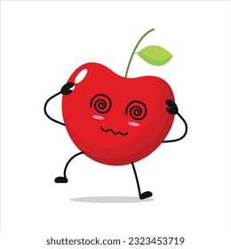 Cute dizzy cherry character. Funny drunk cherry cartoon emoticon in flat style. Fruit emoji vector illustration